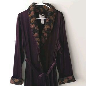 VTG Jasmine Rose Robe L Purple Floral Velour Flip Cuff Belted Whimsigoth Fairy